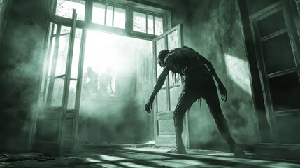 Wall Mural - A zombie breaking through the door of an abandoned house, with broken windows, eerie fog outside, and shadowy figures lurking in the background