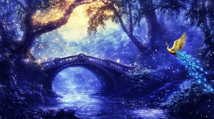 Wall Mural - A mysterious forest with glowing mist floating around giant trees. The leaves glow blue and purple