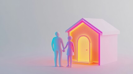 A 3D render of a couple holding hands with a glowing home in the background, symbolizing family insurance, vibrant colors, isolated on white background