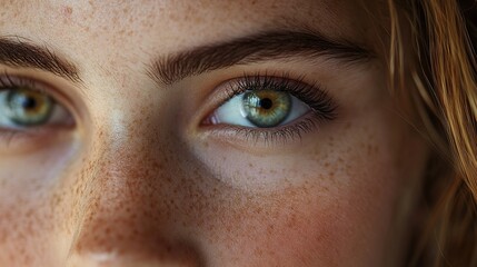 Wall Mural - Close-up Portrait of Woman with Green Eyes and Freckles