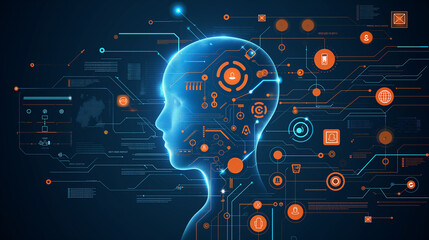Poster - The concept of LLM, AI Large Language Model with icons concept. AI deep learning to use for work support. language model general purpose language generation capability. Vector illustrator template.