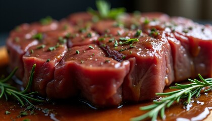 A close-up shot of a steak, with a focus on the intricate marbling and the juicy, flavorful juices running down the side