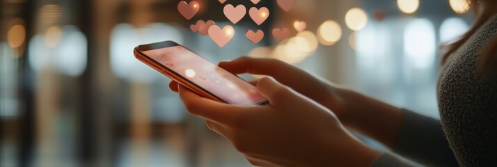 Poster - Smartphone screen displaying heart icons in the evening, representing online dating and romantic engagement in a digital world.