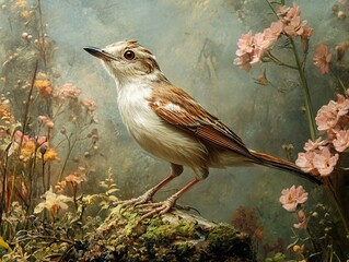 Canvas Print - A Delicate Bird Perched on a Branch with Pink Flowers