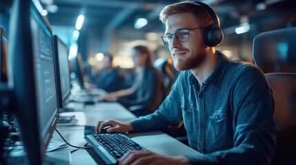 Young man with a headset on, typing on a computer keyboard in a brightly lit, modern office environment.