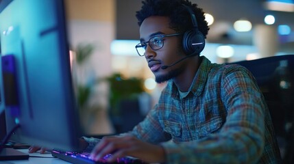 Young man with a headset on, typing on a computer keyboard in a brightly lit, modern office environment.