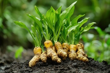 Wall Mural - aromatic asian herbal plant roots turmeric raw and fresh with young new leaves growth growing in bundle after leaving outdoor over a rainy week , ai