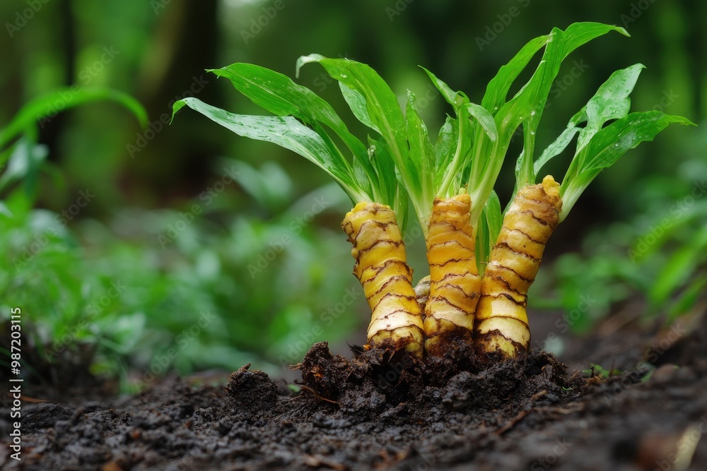 aromatic asian herbal plant roots turmeric raw and fresh with young new ...