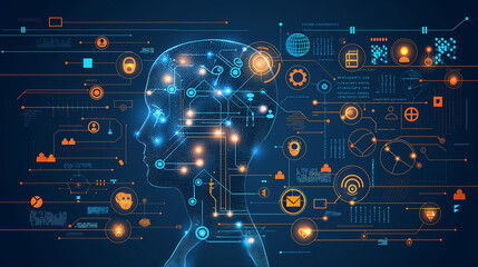 Poster - The concept of LLM, AI Large Language Model with icons concept. AI deep learning to use for work support. language model general purpose language generation capability. Vector illustrator template.