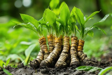 Wall Mural - aromatic asian herbal plant roots turmeric raw and fresh with young new leaves growth growing in bundle after leaving outdoor over a rainy week , ai