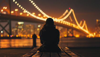 Silhouette of a person sitting on a bench at night, gazing at a city skyline with a brightly lit suspension bridge, capturing the mood of urban solitude and introspection with beautiful bokeh lights i