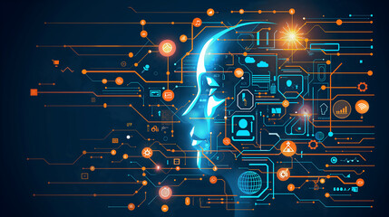 Poster - The concept of LLM, AI Large Language Model with icons concept. AI deep learning to use for work support. language model general purpose language generation capability. Vector illustrator template.