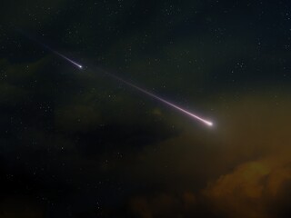 Two meteor trails in the sky. Shooting stars in the atmosphere. Meteorites against the background of stars.