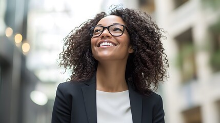 A smiling businesswoman with glasses in an office setting, looking up at the sky and enjoying life