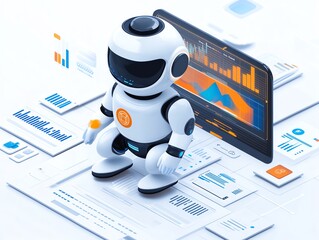 Poster - A humanoid robot stands on a screen that displays data analytics and a bar chart.