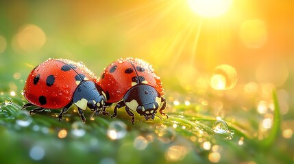 Wall Mural - close-up of ladybugs on the edge of water droplets