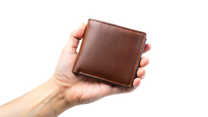 Isolated brown leather wallet in hand holding dollar bill, financial concept