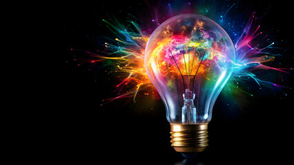 Colorful explosion in light bulb on black background, colorful, explosion, light bulb, black background, vibrant, burst