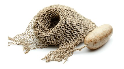 A solitary fishing net and buoy rest on a blank white canvas, capturing simplicity.
