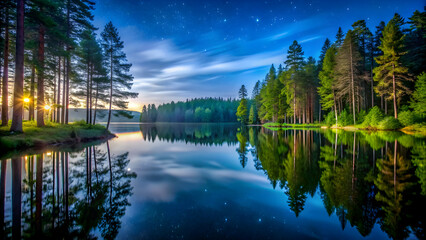 Wall Mural - Night landscape featuring a tranquil lake surrounded by towering trees , night, landscape, lake, trees, reflection, dusk