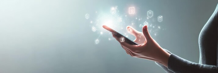 Poster - Businesswoman interacting with social media icons on a smartphone. Connectivity in modern business.
