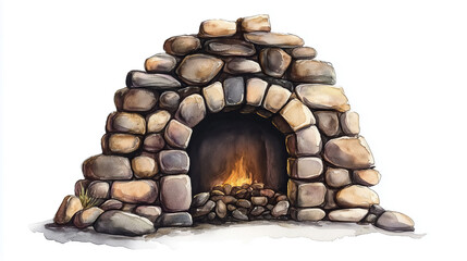 Wall Mural - watercolor painting of one single stone furnace isolated on white background