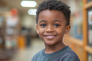 Poster - Young boy with brown hair, blue eyes is smiling. He is wearing a blue shirt. There are other children in the background. Afro-American boy exudes happiness as he engages in an art and creativity class