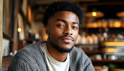 Wall Mural - Young African American man enjoying a cozy moment in a cafe setting