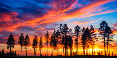 Wall Mural - Silhouette of tall trees against a colorful sunset sky, nature, forest, landscape, evening, twilight, shadows, branches