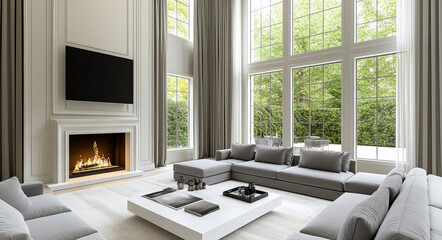 A bright and airy living room with two gray sofas, white cabinets on each side of the fireplace, a coffee table in front of it, a TV above the fireplace, and windows behind the couches