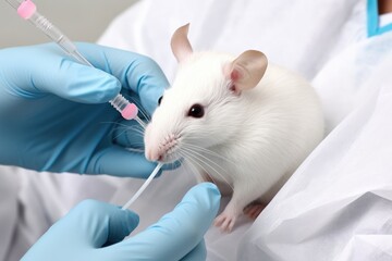 A laboratory white mouse in the hands of a scientific researcher. A gloved doctor tests a vaccine on a rodent.