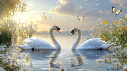 Amidst a tranquil morning, two swans mirror each other on the calm waters, framed by vibrant wildflowers and dancing butterflies, capturing a moment of pure harmony