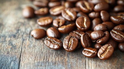 Wall Mural - A close-up view of scattered roasted coffee beans on a wooden surface, with light accentuating their shiny, rich brown appearance.