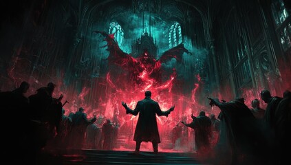 Wall Mural - Dark figure worshipping demonic creature in cathedral.