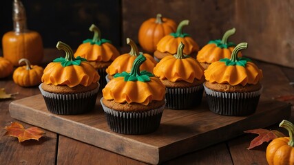 set of pumpkin design cupcakes on aesthetic wooden table background