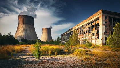 Wall Mural - ruins of abandoned nuclear plant, AI generated