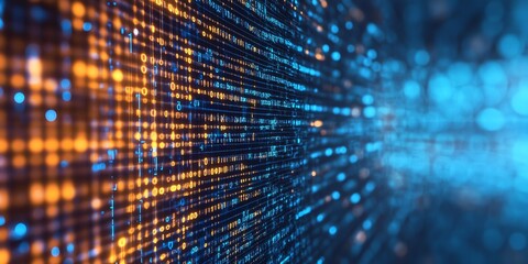 Abstract digital background with glowing binary code and bokeh lights.