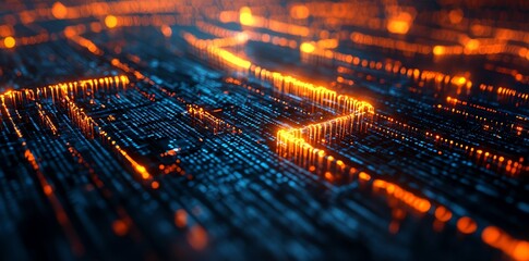 Poster - Abstract digital background with glowing orange and blue lights.