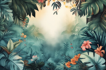 Watercolor illustration of a lush jungle scene, with dense foliage, exotic flowers, and vibrant wildlife, Generative AI