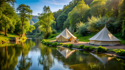 Wall Mural - Luxury glamping experience with bell tents near a river, perfect for a glamorous camping vacation lifestyle