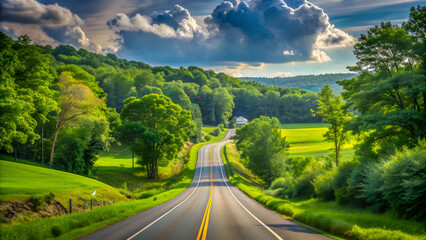 Road trip to Delaware, with lush green landscapes and scenic routes, Delaware, road trip, travel, highway, adventure, journey