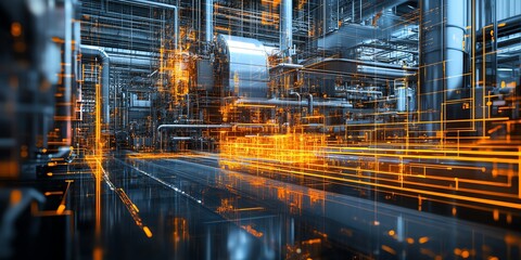 Poster - Abstract futuristic industrial factory with glowing orange lines,  a large machine in the background.
