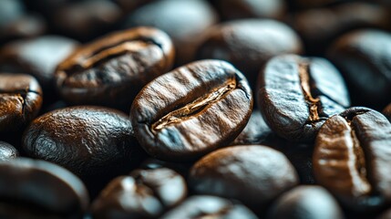 Wall Mural - A macro shot of roasted coffee beans, highlighting the fine details of their cracked surfaces and oily shine, ready for brewing.