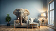 © janya - A humorous concept of an elephant sitting in a living room, elephant, living room, home decor, funny