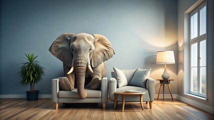 Wall Mural - A humorous concept of an elephant sitting in a living room, elephant, living room, home decor, funny