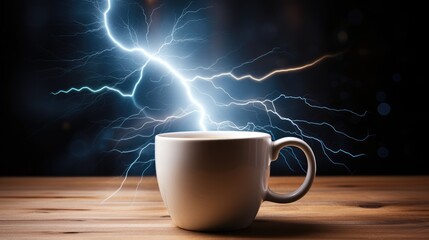 A cup of coffee is imbued with a bright flash of lightning. Energizing hot drink on a dark background.