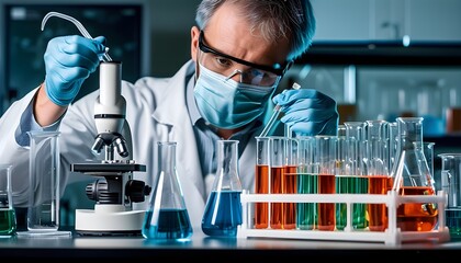 Focused scientist conducting precise experiments in laboratory using a pipette