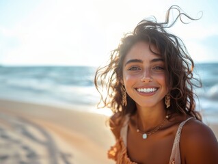 Beautiful happy woman relaxing on the beach. Vacation time by the sea.