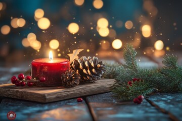 Wall Mural - A red candle glows, accompanied by pine cones and winter greenery, creating a warm holiday atmosphere in a dimly lit space