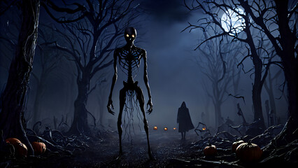 Spooky Halloween night: Skeletal figures and mystical pumpkins in a dark forest under the moonlight